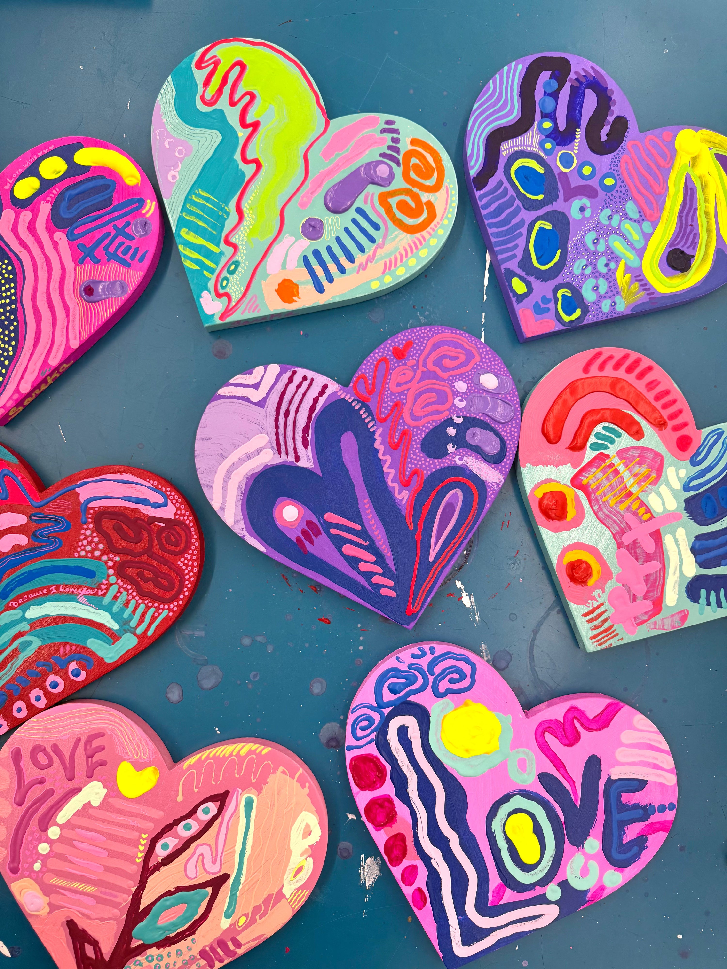 Original abstract heart painting on wooden panel by Sareka Unique in Ann Arbor Mi in pink and teal