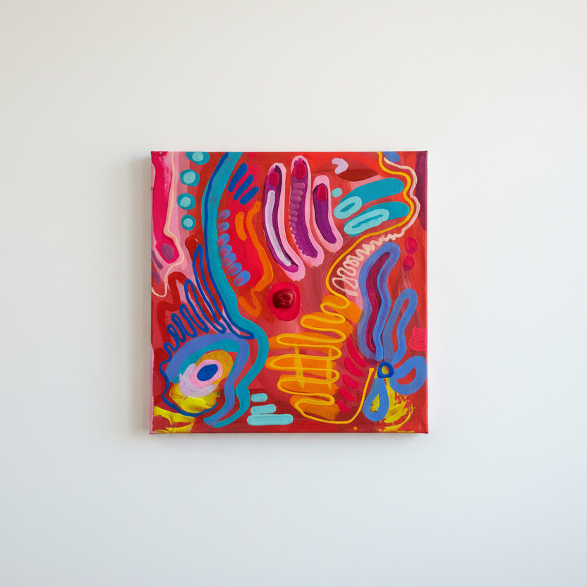 A square abstract painting with vibrant, swirling brushstrokes in red, pink, blue, purple, yellow, and orange, mounted on a plain white wall.