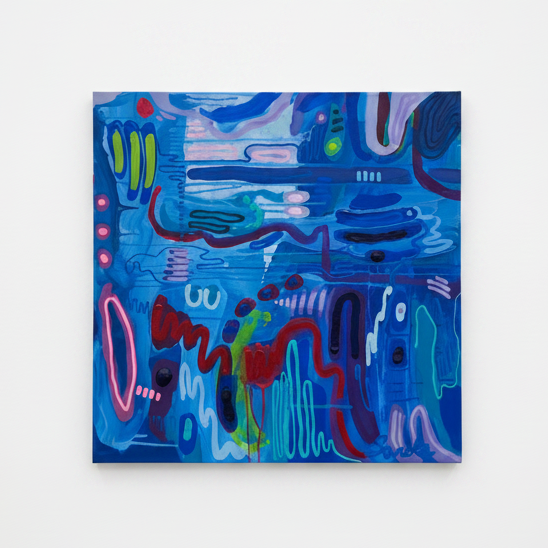 An abstract square painting featuring a vibrant blue background with layered organic shapes, wavy lines, and splashes of pink, red, green, and purple, displayed against a clean white wall.