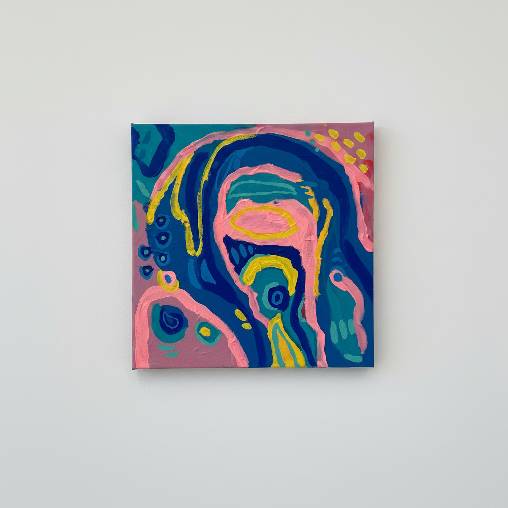 An abstract square canvas painting featuring swirling patterns of navy blue, teal, pink, and yellow, displayed on a neutral light gray wall.