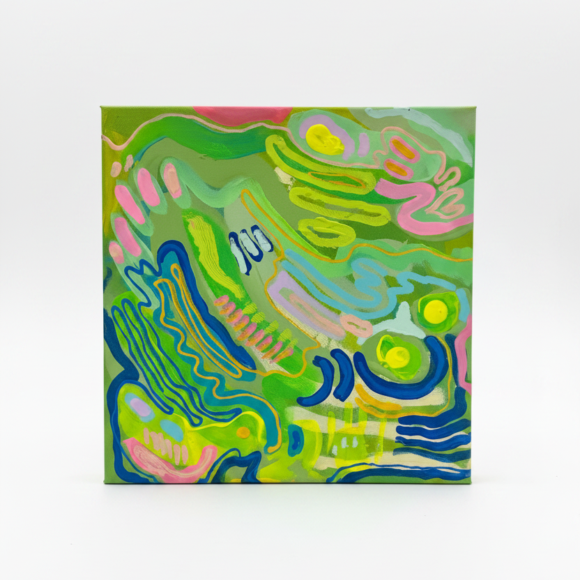 A square abstract painting featuring a vibrant mix of green, yellow, blue, pink, and white organic shapes, displayed on a clean white background.